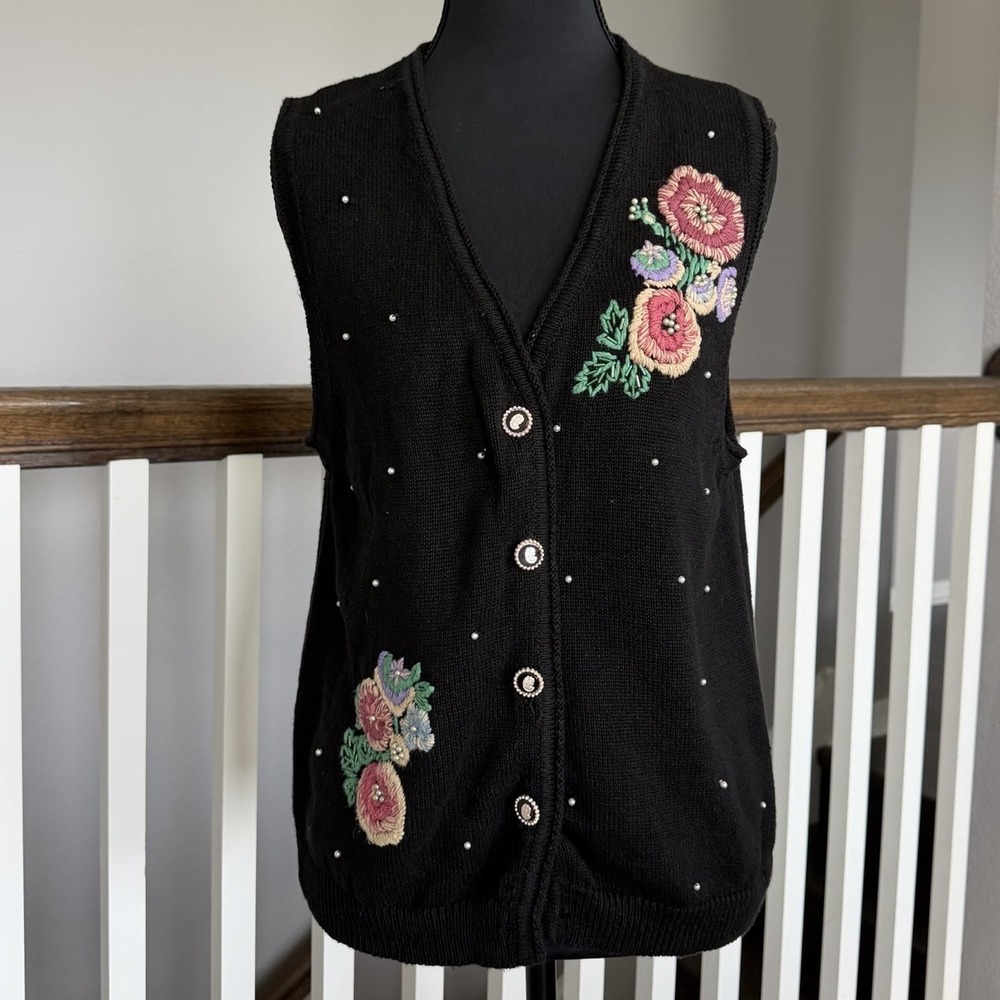 Vintage Lacy Afternoon Embroidered Floral Sweater Vest Black Large Cottage Boho